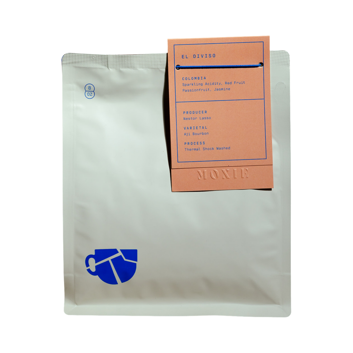 The Pull & Pour Shop El Diviso Aji Bourbon coffee bag with peach label and blue text detailing thermal shock process.
