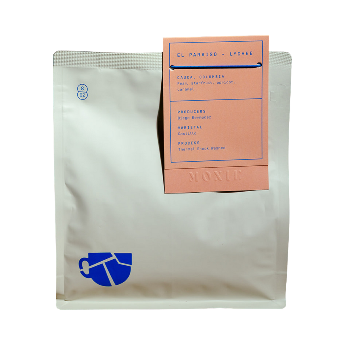 The Pull & Pour Shop Lychee Thermal Shock Washed Castillo coffee bag with peach label and blue logo