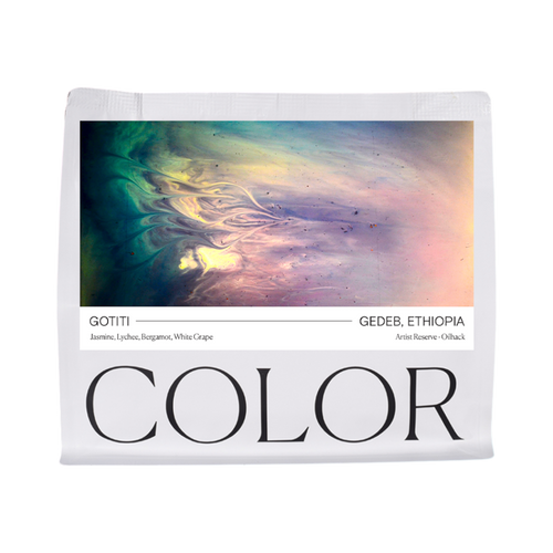 The Pull & Pour Shop Artist Reserve Ethiopia Gotiti coffee bag with abstract colorful artwork by Anthony Oilhack.