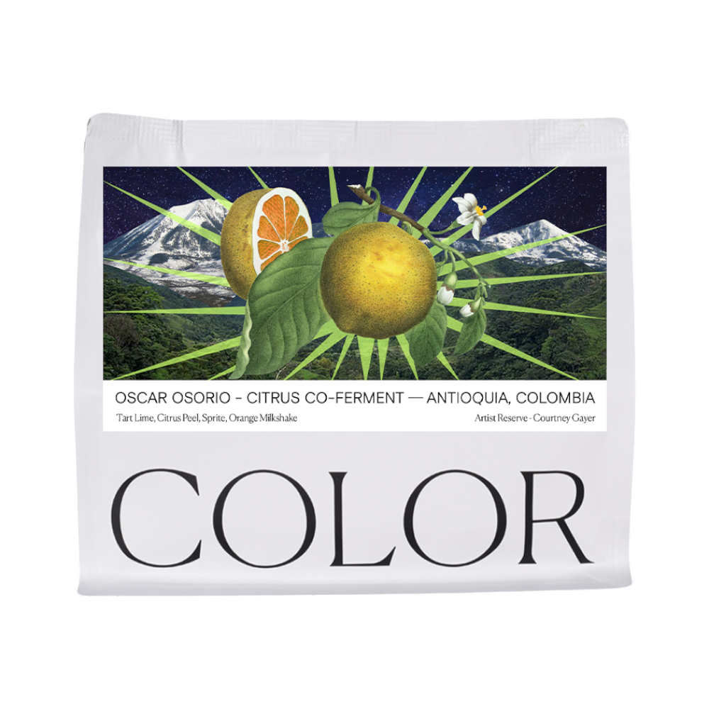The Pull & Pour Shop coffee bag featuring a vibrant illustration of mandarin limes and mountains by Courtney Gayer.