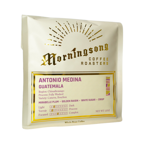 The Pull & Pour Shop Antonio Medina Guatemala whole bean coffee bag with gold foil branding on a soft peach background.