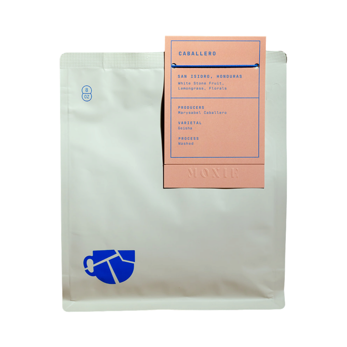 The Pull & Pour Shop Caballero Washed Geisha Honduras coffee bag with a peach label and blue text on a white pouch.