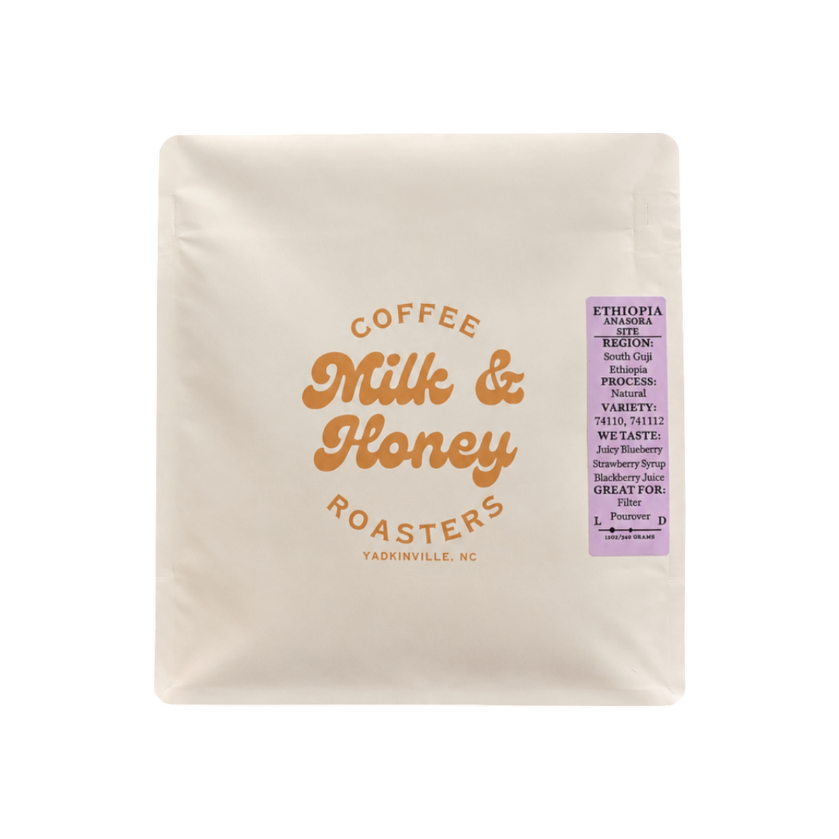 The Pull & Pour Shop Ethiopia Anasora Site light roast coffee bag with cream packaging and purple label details.