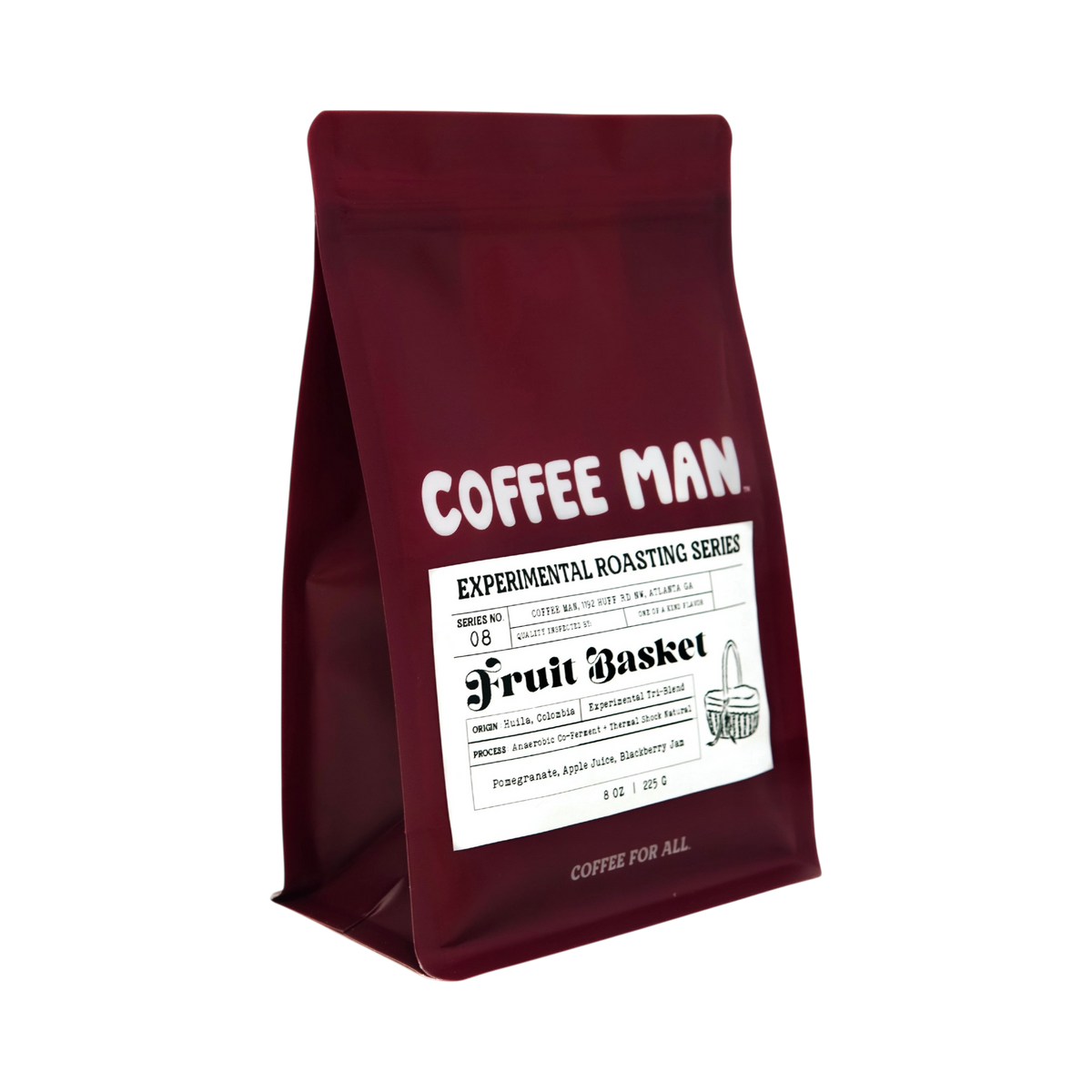 The Pull & Pour Shop Fruit Basket light roast coffee bag in deep maroon packaging against a light pink background.