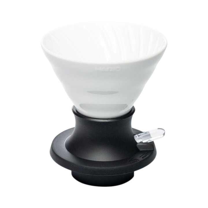 The Pull & Pour Shop Hario Switch 02 ceramic immersion coffee dripper with white ribbed cone and black base switch.