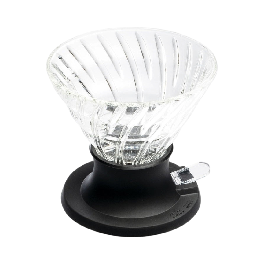 The Pull & Pour Shop Hario Switch 02 glass immersion coffee dripper with black silicone base and shut-off valve.