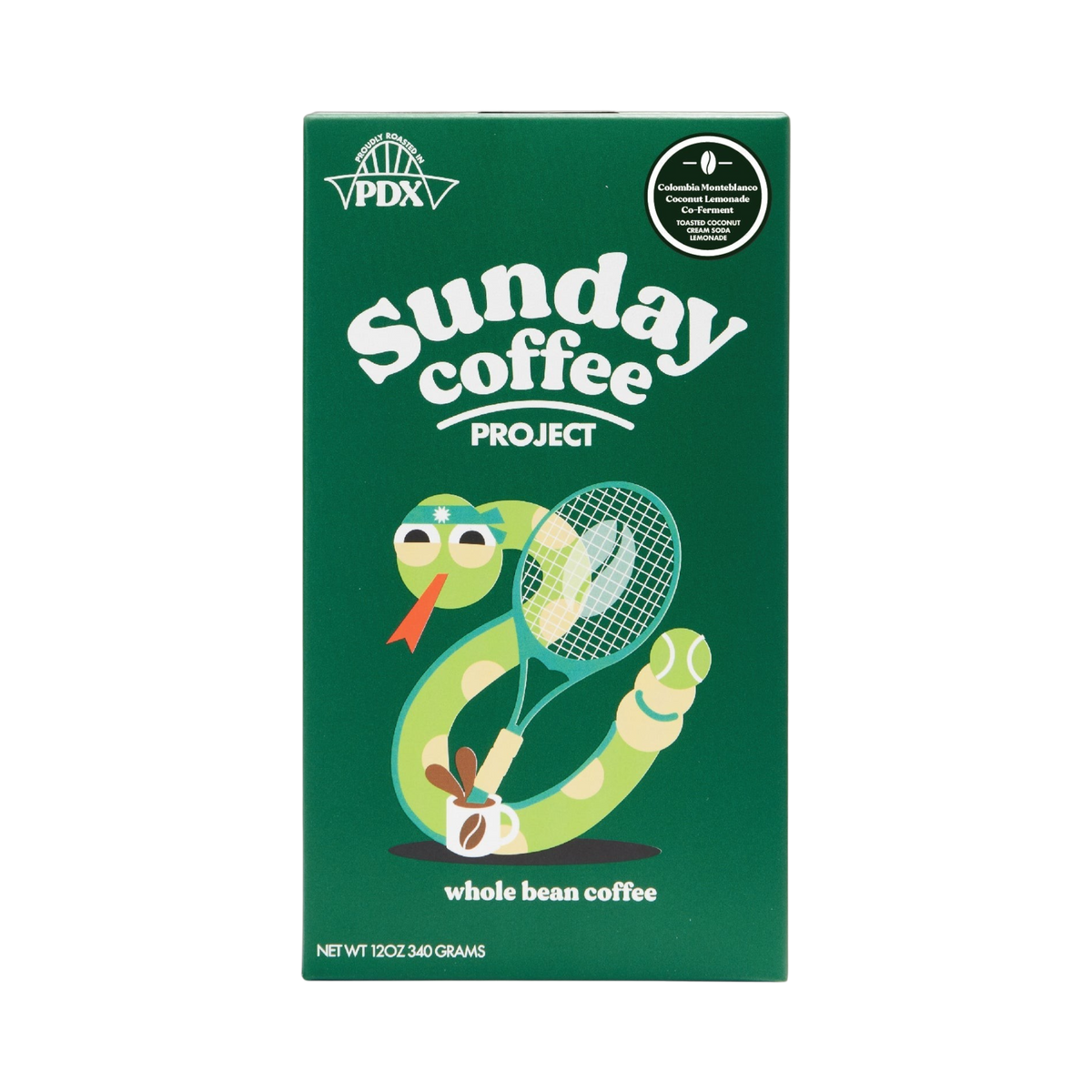 The Pull & Pour Shop Colombia Monteblanco coffee bag in dark green with a playful snake and tennis racket illustration.