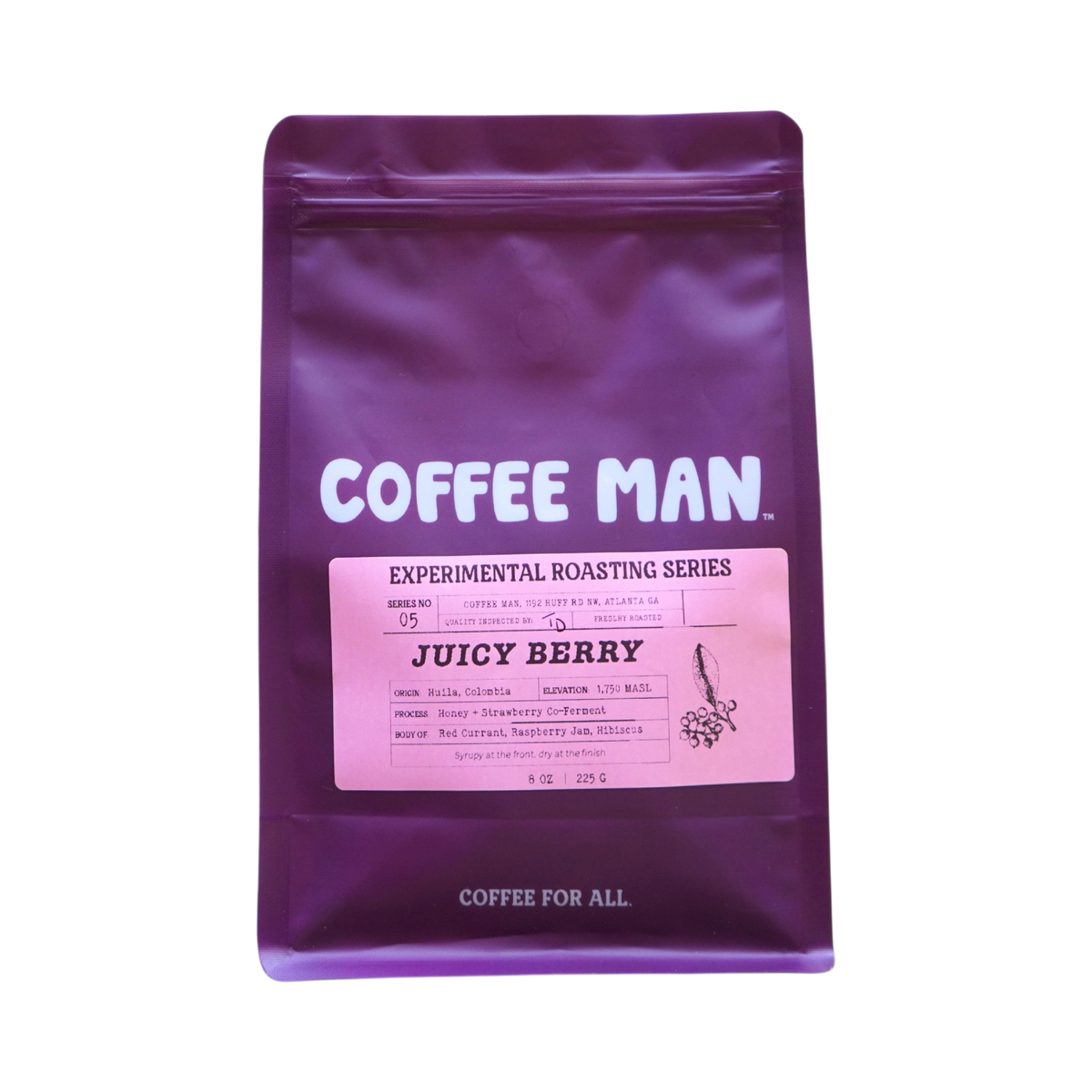The Pull & Pour Shop Juicy Berry experimental light roast coffee in a purple 8oz bag with a pink label.