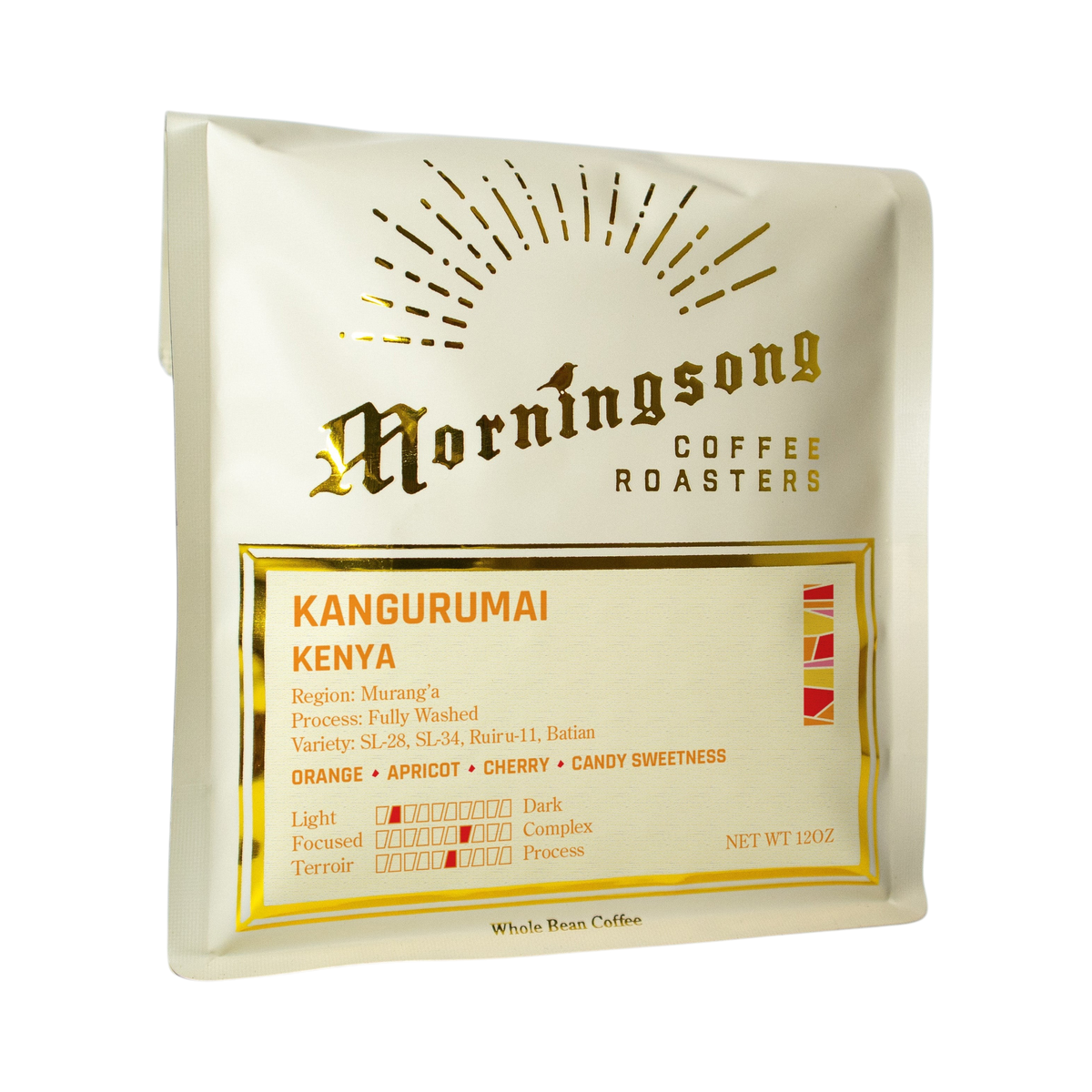 The Pull & Pour Shop Kangurumai Kenya coffee bag with gold foil branding and detailed tasting notes on a peach background