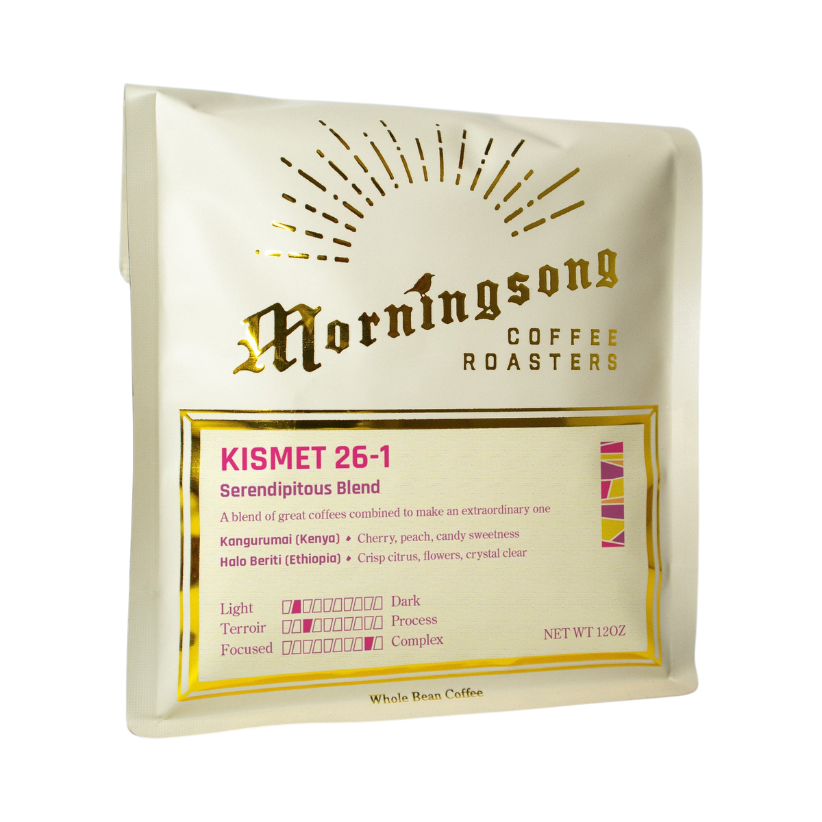 The Pull & Pour Shop Morningsong Coffee Roasters Kismet 26-1 Blend whole bean coffee bag with gold foil branding.