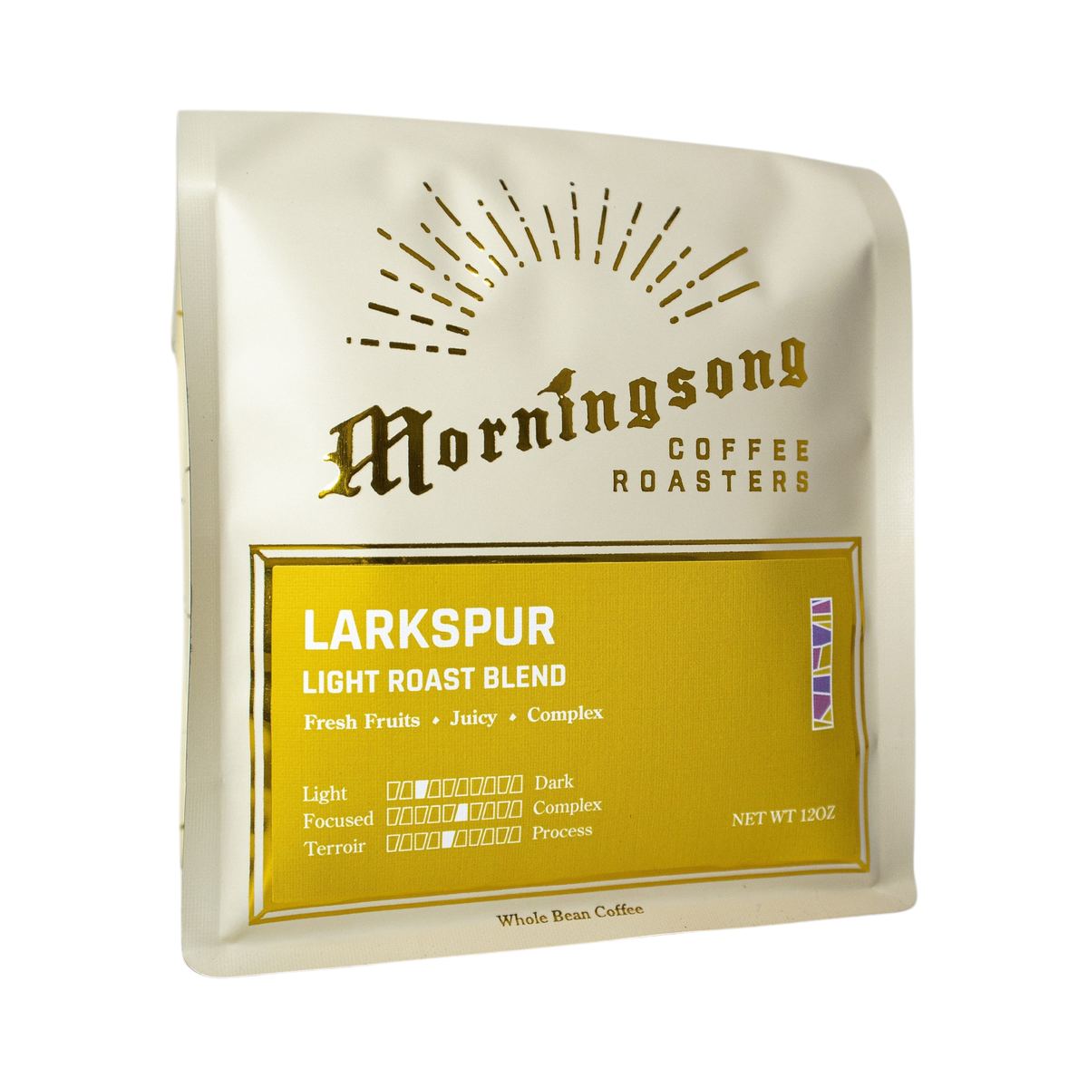 The Pull & Pour Shop Morningsong Coffee Roasters Larkspur light roast whole bean coffee bag in white and yellow.
