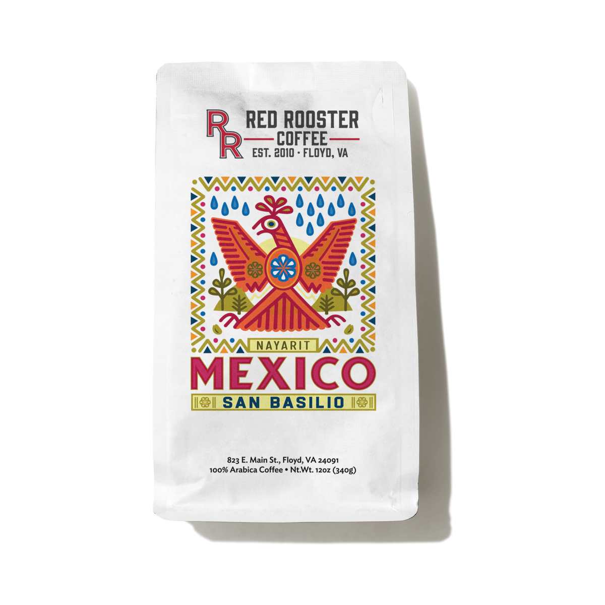 The Pull & Pour Shop Red Rooster Coffee Mexico San Basilio Nayarit light roast coffee bag with colorful folk art