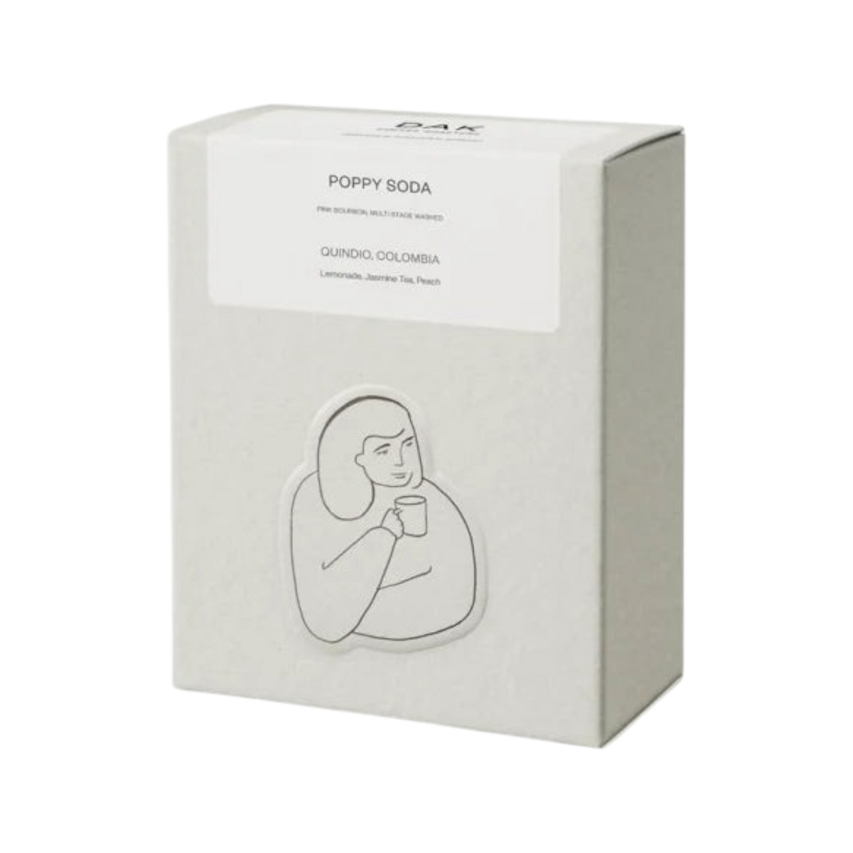The Pull & Pour Shop Poppy Soda Colombian coffee box with minimalist line art illustration on a light grey background.