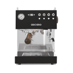 The Pull & Pour Shop Ascaso Steel DUO PID espresso machine in black with walnut handle and stainless steel accents.