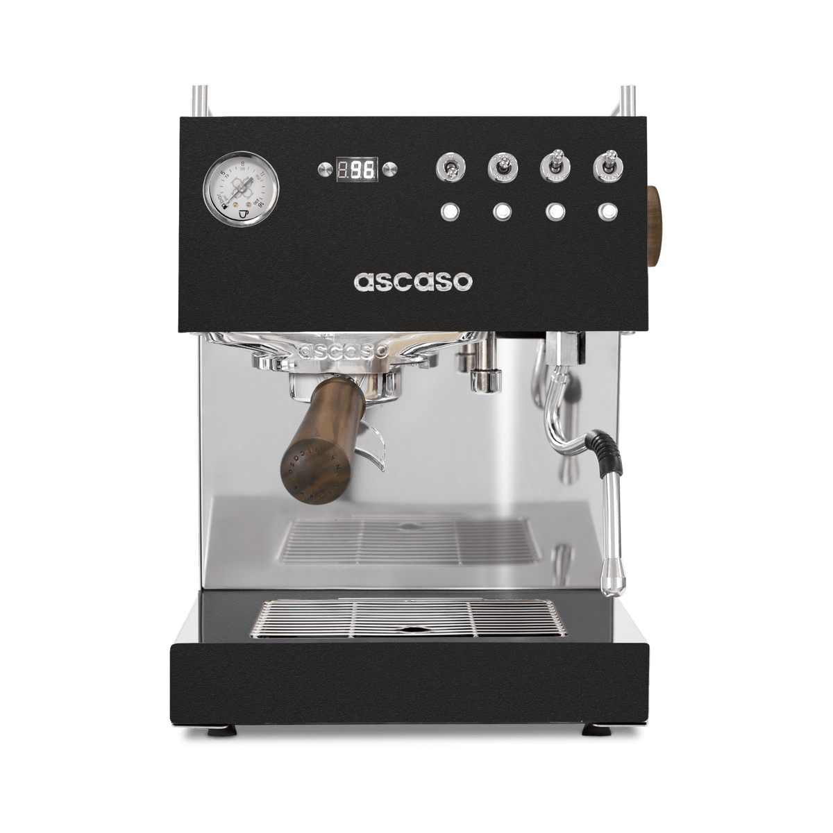 The Pull & Pour Shop Ascaso Steel DUO PID espresso machine in black with walnut handle and stainless steel accents.