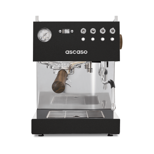 The Pull & Pour Shop Ascaso Steel DUO PID espresso machine in black with walnut handle and stainless steel accents.