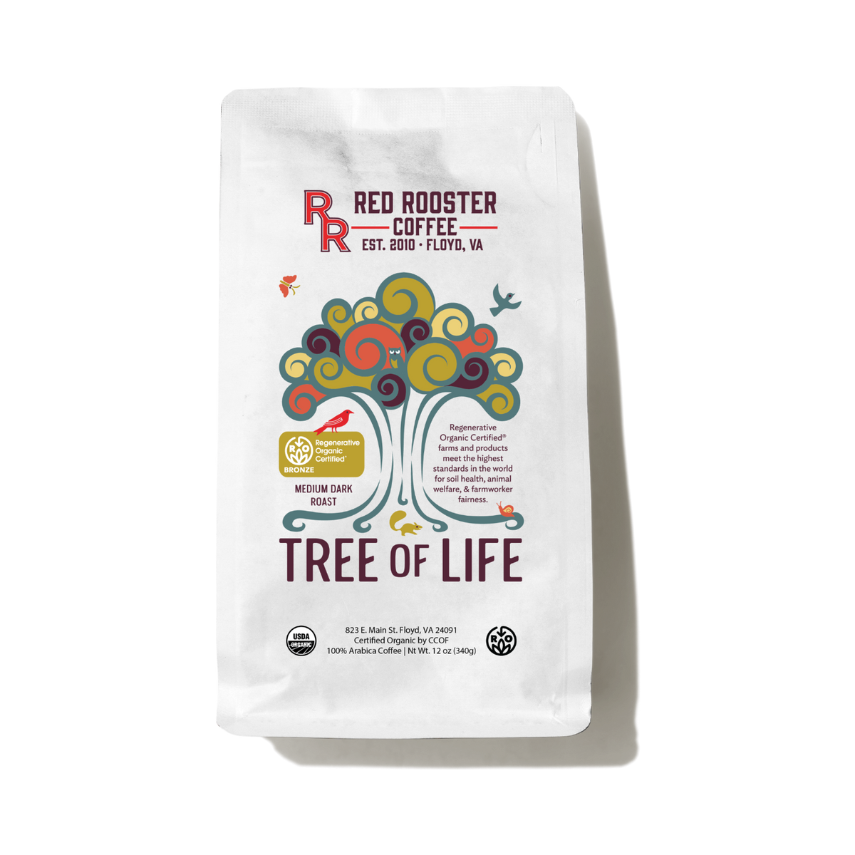The Pull & Pour Shop Red Rooster Coffee Tree of Life Regenerative Organic Certified light roast coffee bag