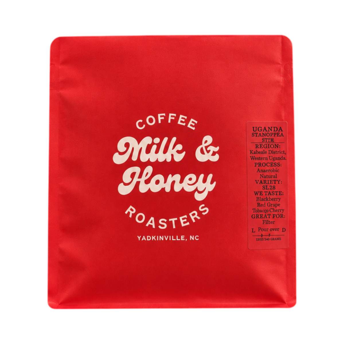 The Pull & Pour Shop Uganda Stancoffee SL-28 light roast coffee bag in vibrant red packaging