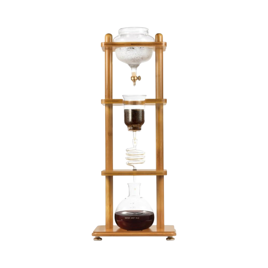 The Pull & Pour Shop Yama Glass Cold Brew Tower with a bamboo frame and hand-blown borosilicate glass components.