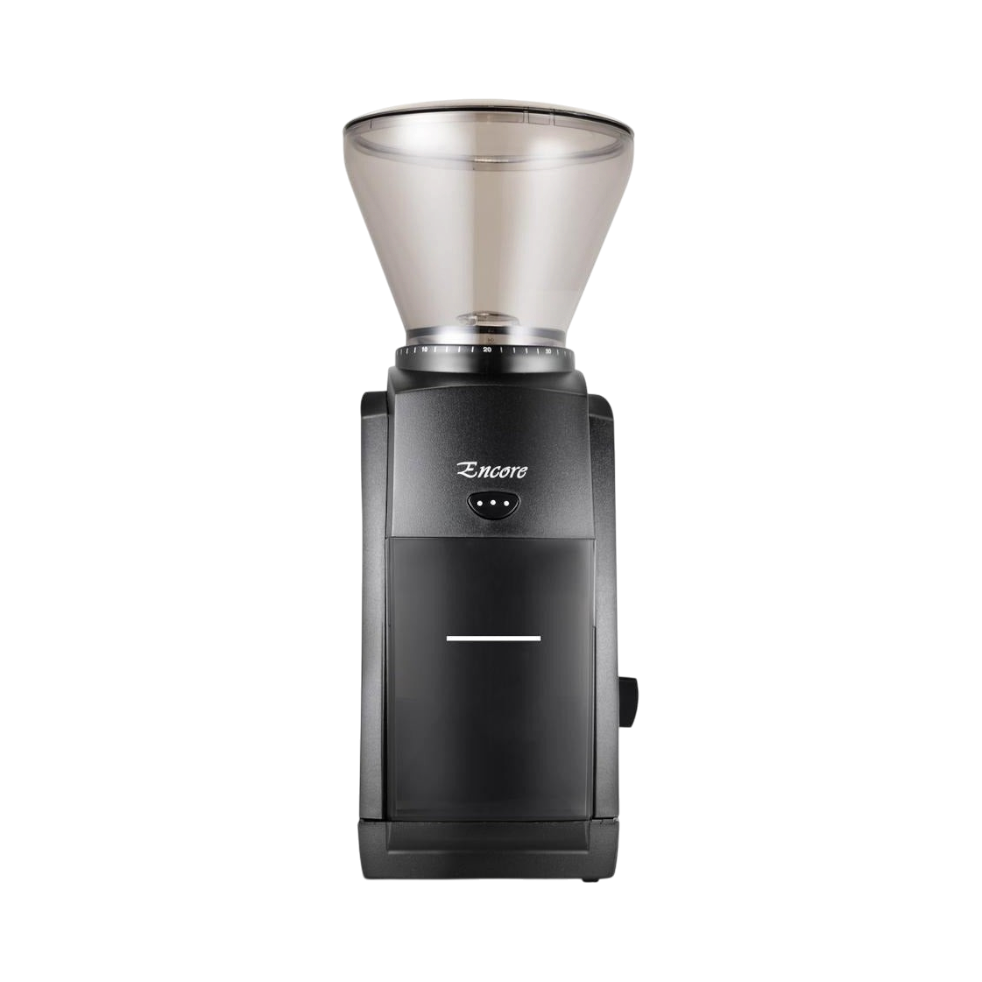 The Pull & Pour Shop Baratza Encore black coffee grinder with a clear hopper and front-mounted control panel