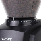 The Pull & Pour Shop Baratza Encore black coffee grinder showing the 40 grind setting adjustment dial and bean hopper.