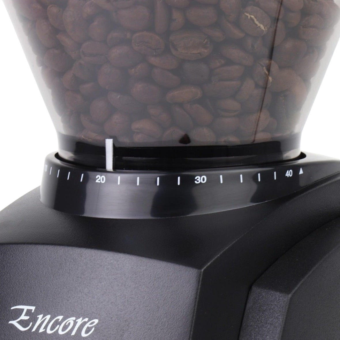 The Pull & Pour Shop Baratza Encore black coffee grinder showing the 40 grind setting adjustment dial and bean hopper.