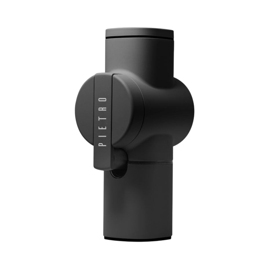 The Pull & Pour Shop Pietro Pro manual coffee grinder in matte black with vertical flat burrs for filter brewing.