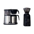 The Pull & Pour Shop Bonavita coffee maker and black Baratza Encore conical burr grinder set for home brewing