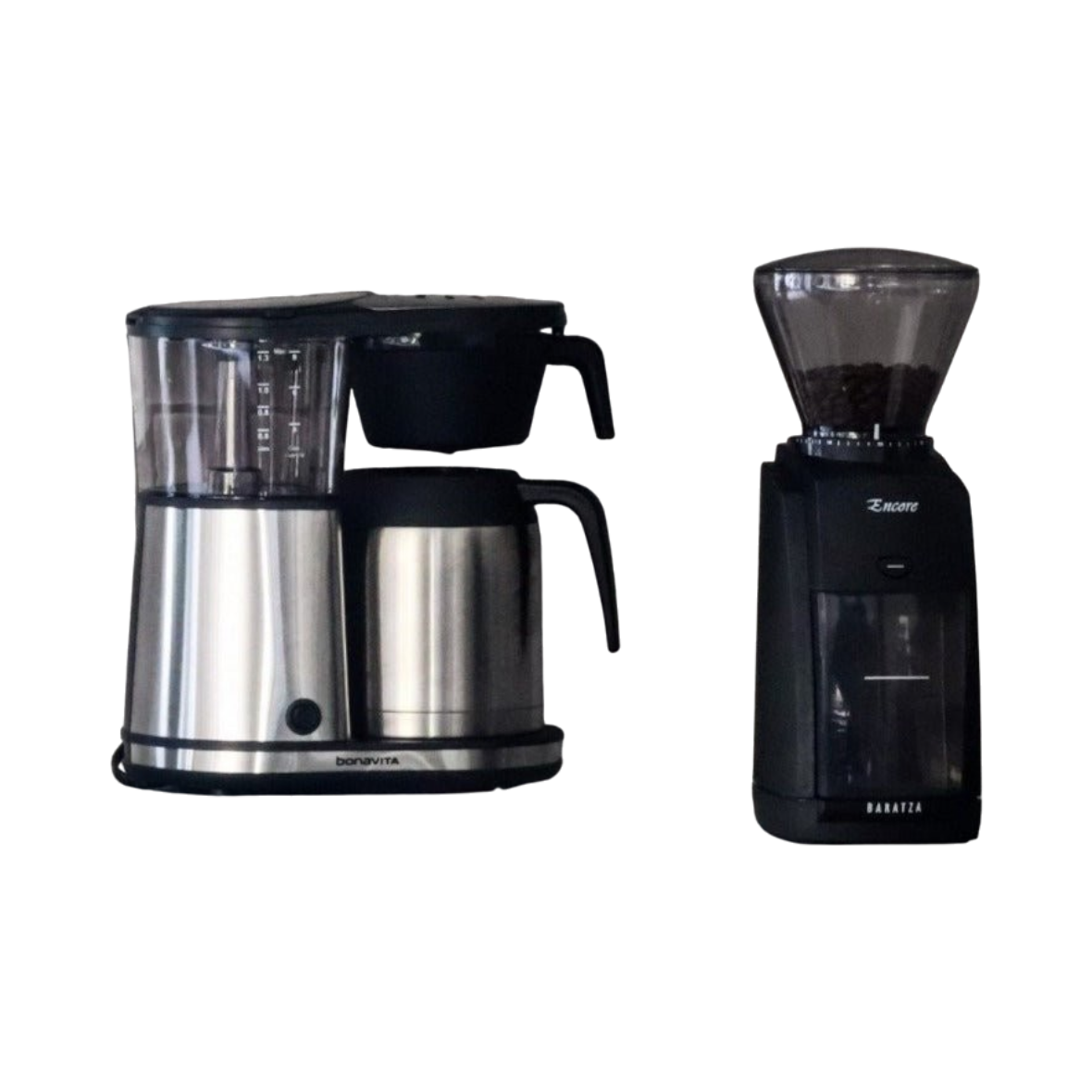 The Pull & Pour Shop Bonavita coffee maker and black Baratza Encore conical burr grinder set for home brewing