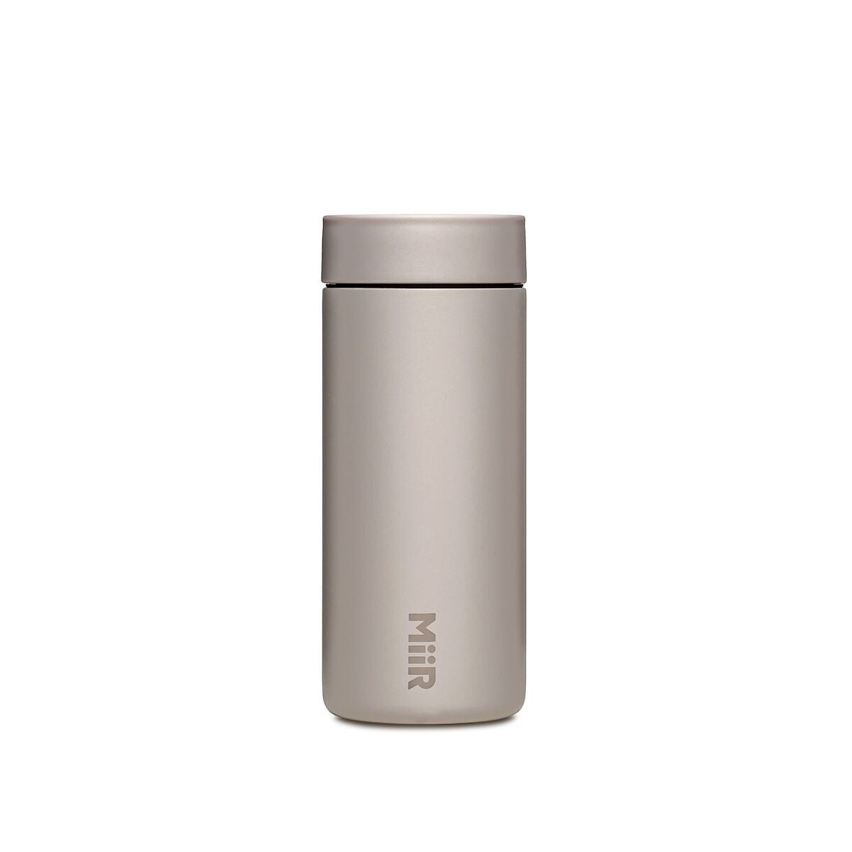 The Pull & Pour Shop MiiR 360 Traveler insulated tumbler in Feather Gray with a leakproof 360-degree lid.