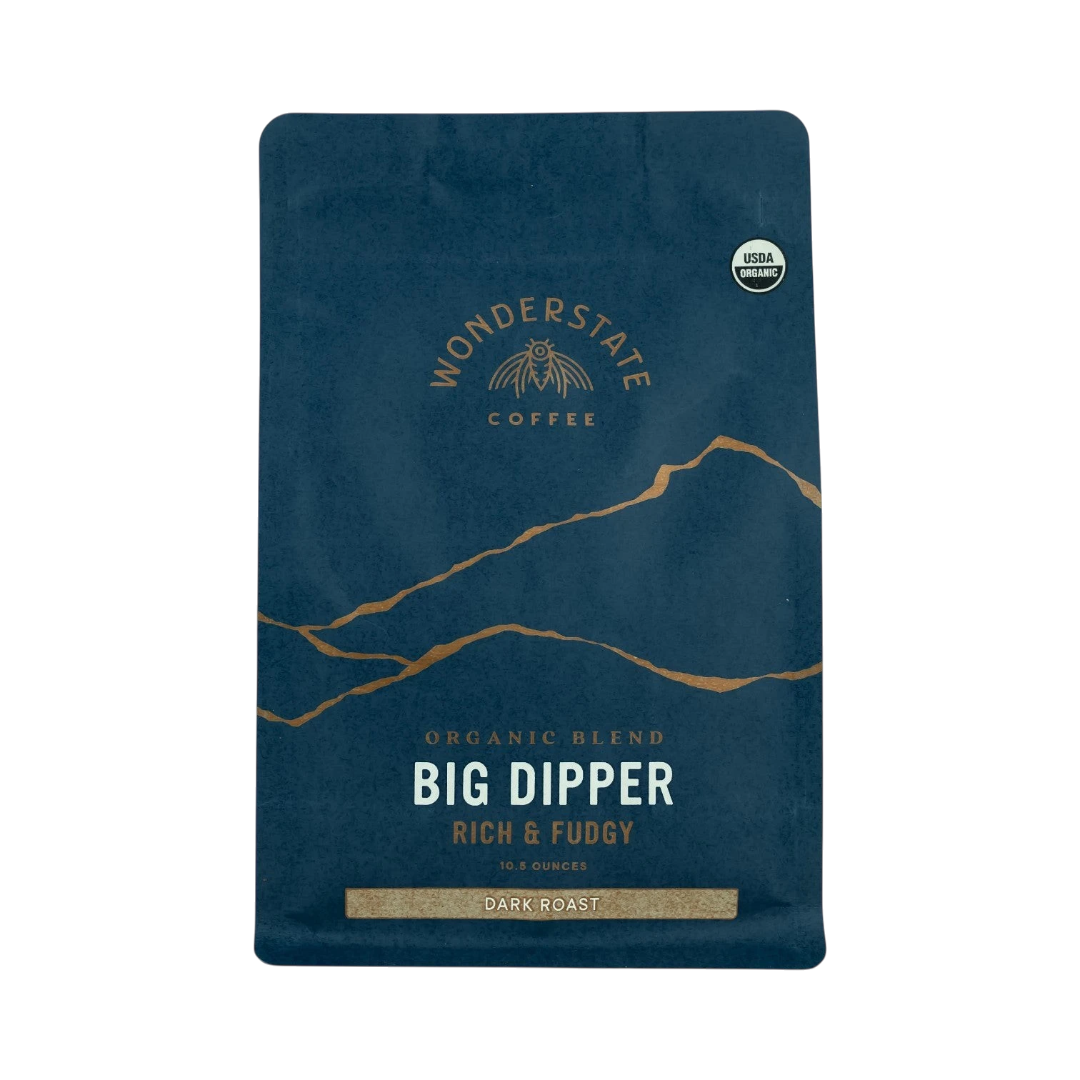The Pull & Pour Shop Wonderstate Coffee Organic Big Dipper dark roast coffee bag in deep blue with gold mountain art