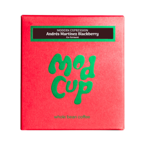 The Pull & Pour Shop Andres Martinez Blackberry Co-Ferment coffee box in bright red with green embossed logo
