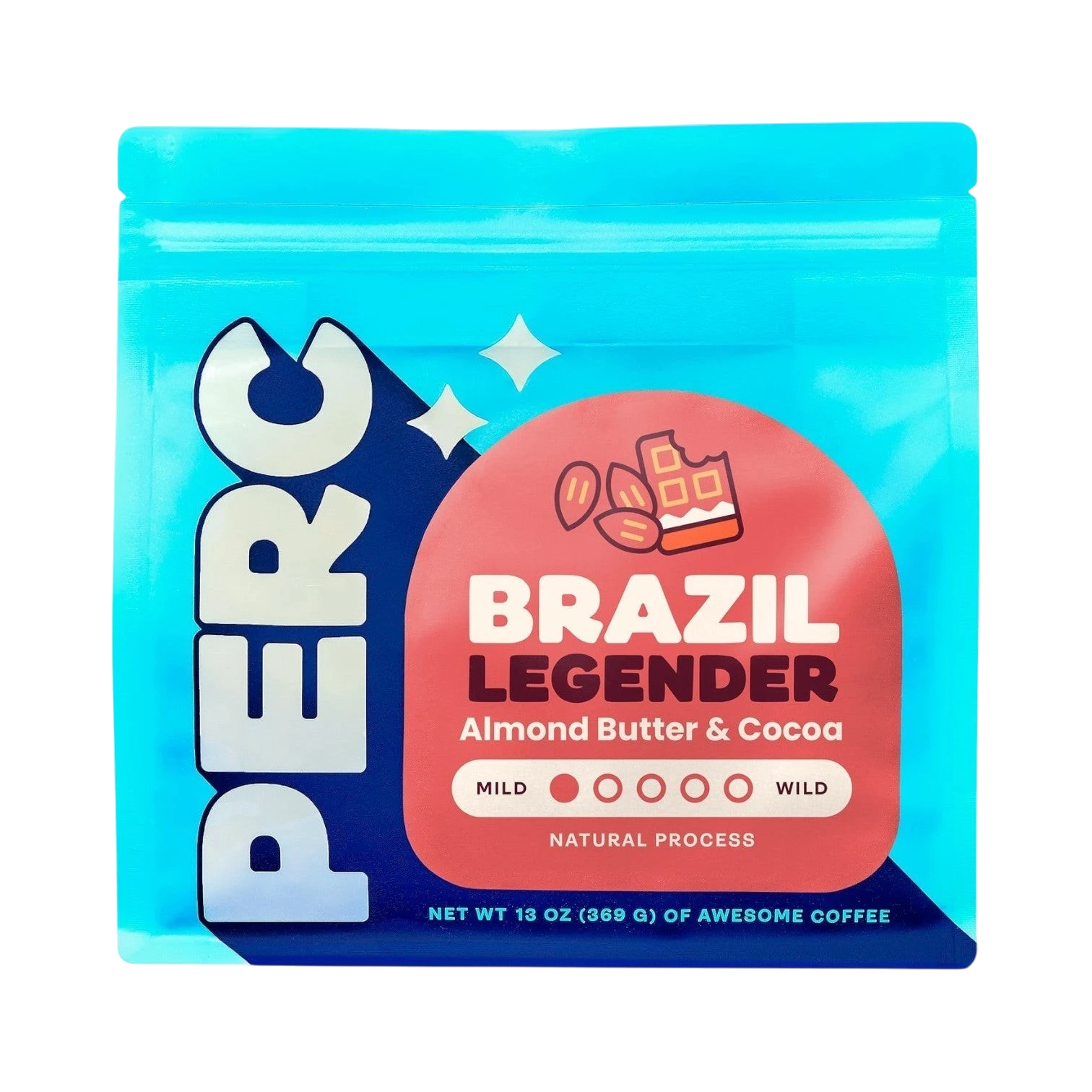 The Pull & Pour Shop Brazil Legender naturally processed coffee bag in bright blue packaging with red label details.