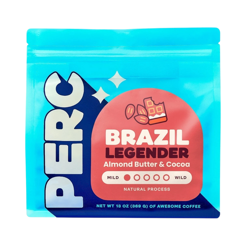The Pull & Pour Shop Brazil Legender naturally processed coffee bag in bright blue packaging with red label details.