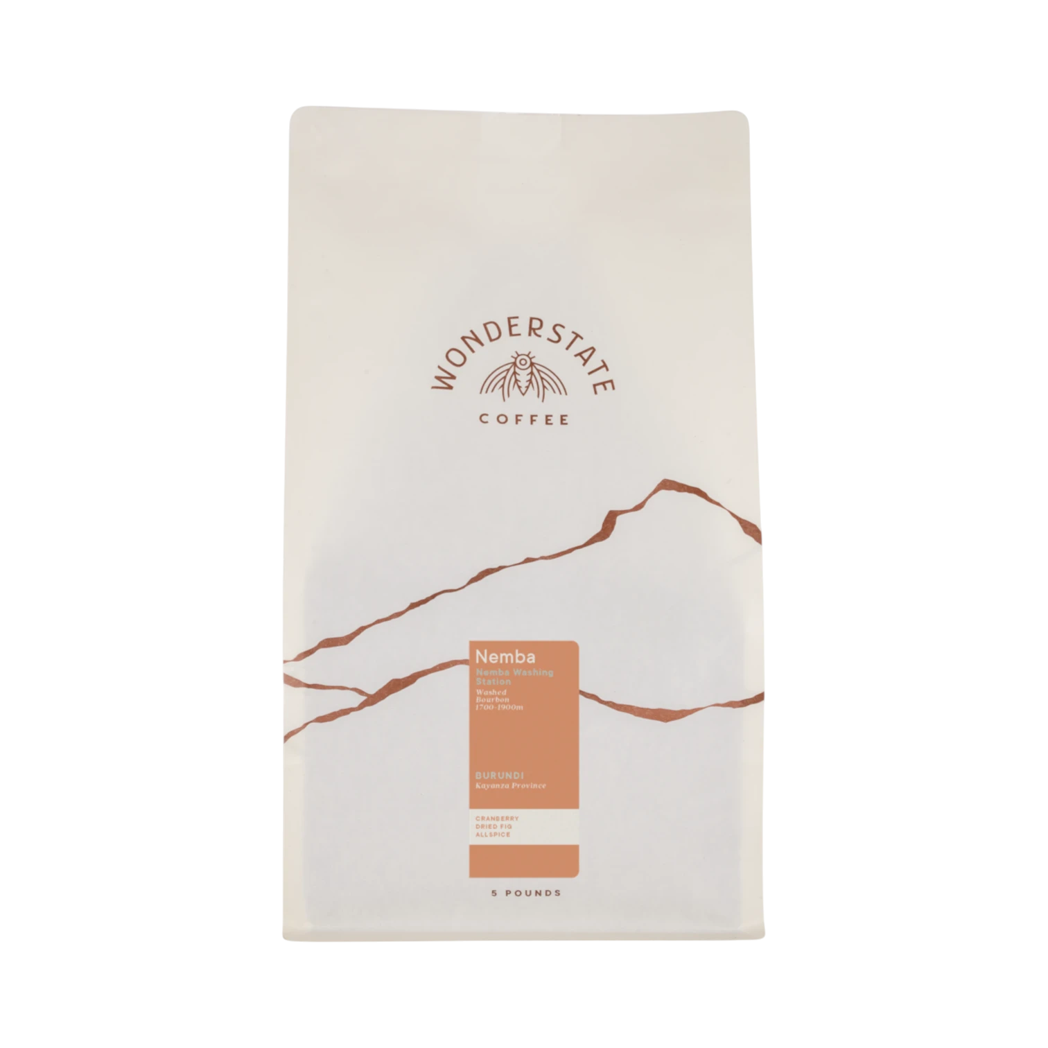 The Pull & Pour Shop Burundi Nemba coffee bag featuring a minimalist white design with orange mountain graphics.