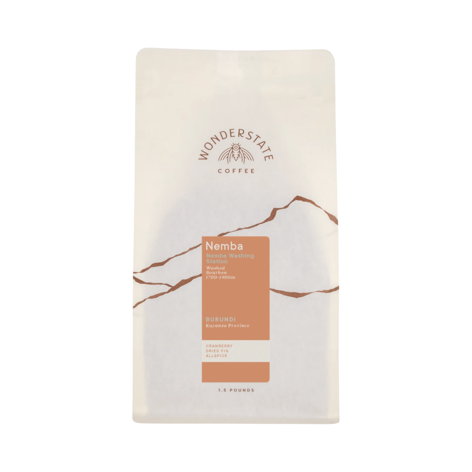 The Pull & Pour Shop Burundi Nemba coffee bag featuring a minimalist white design with orange label and mountain art.