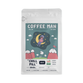 The Pull & Pour Shop Chill Pill decaf Brazil coffee bag with illustrated moon and sheep label design