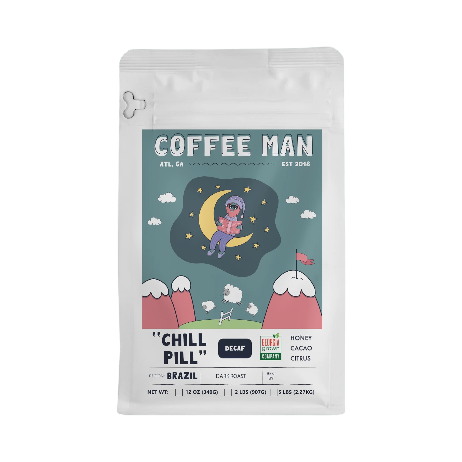 The Pull & Pour Shop Chill Pill decaf Brazil coffee bag with illustrated moon and sheep label design