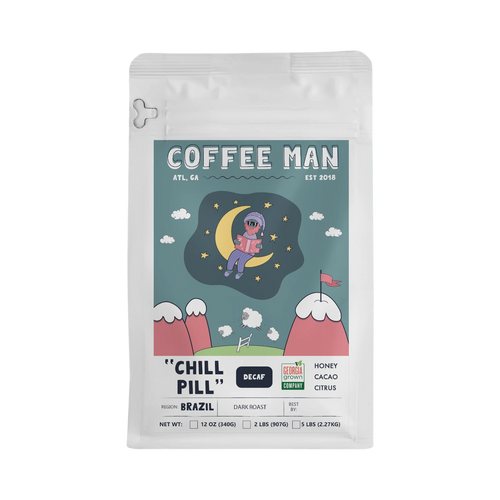 The Pull & Pour Shop Chill Pill decaf Brazil coffee bag with illustrated moon and sheep label design