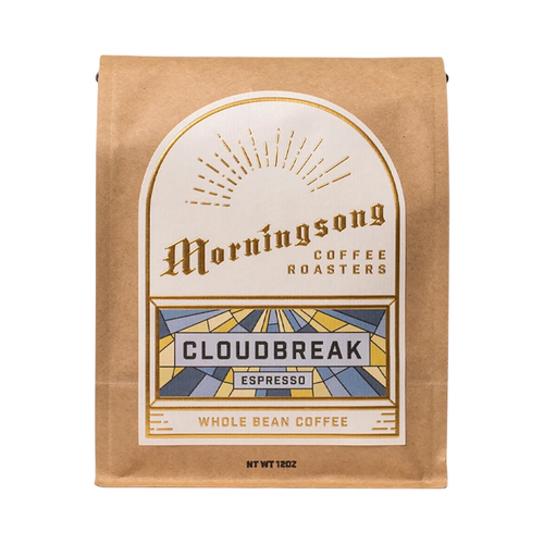 The Pull & Pour Shop Morningsong Coffee Roasters Cloudbreak espresso whole bean coffee in a brown paper bag.