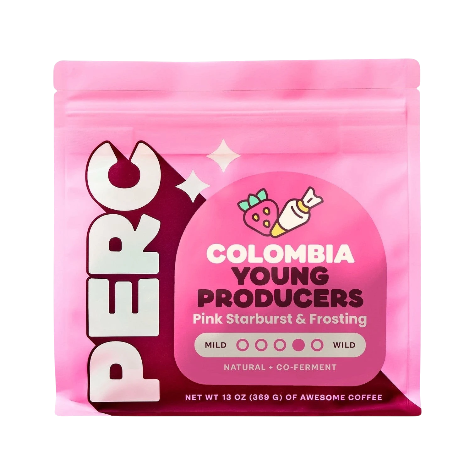 The Pull & Pour Shop Colombia Young Producers coffee bag in bright pink with strawberry and frosting illustrations.