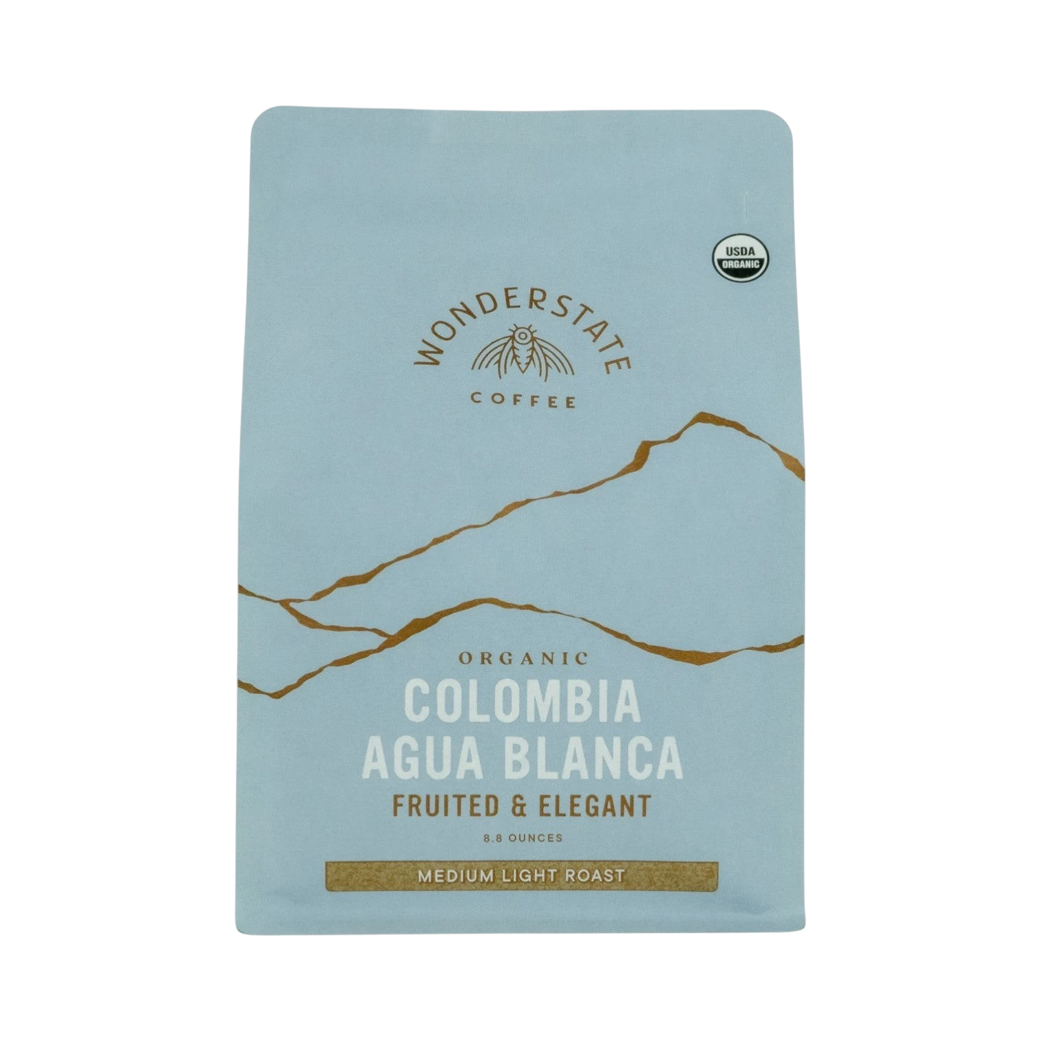 The Pull & Pour Shop organic Colombia Agua Blanca medium light roast coffee bag in light blue with gold accents.