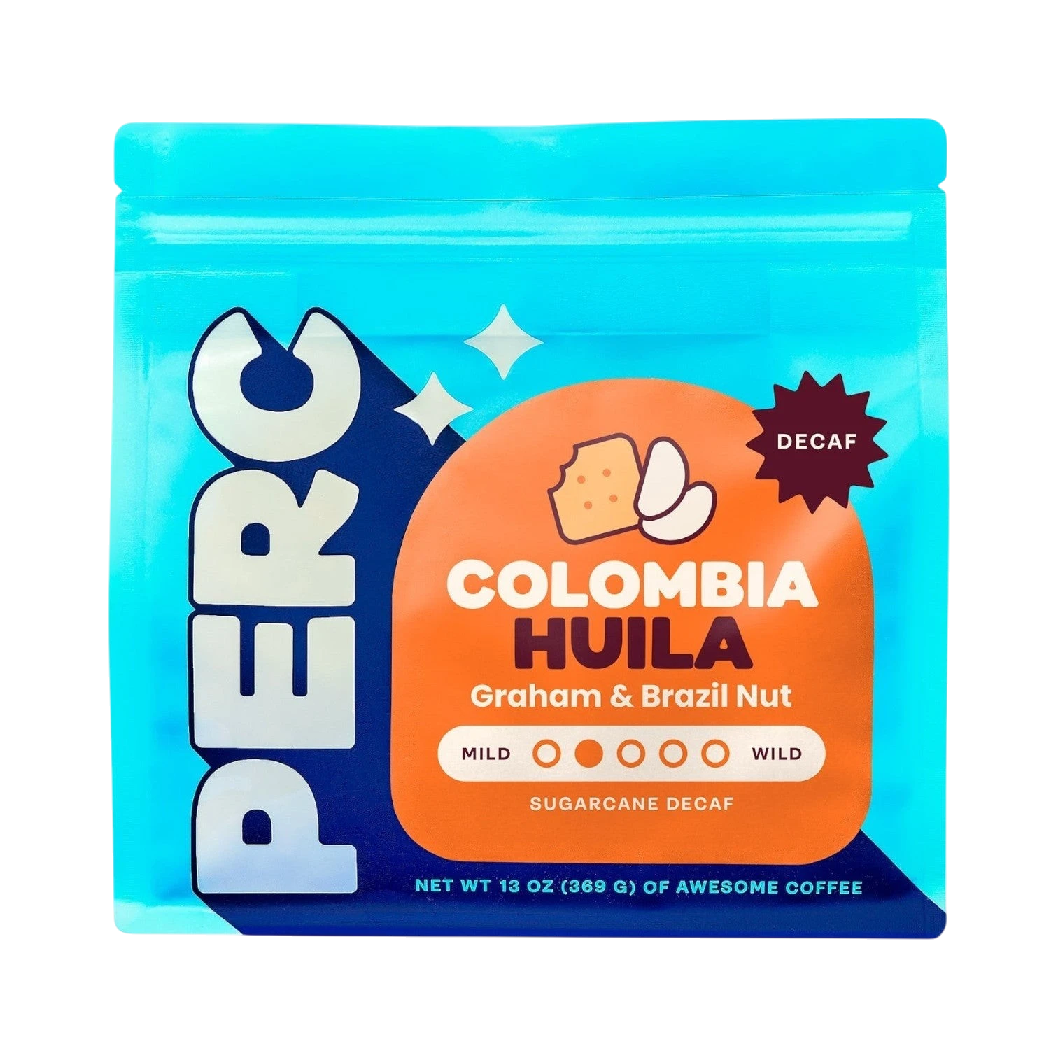 The Pull & Pour Shop PERC COFFEE Colombia Huila decaf coffee bag in bright blue packaging with orange label