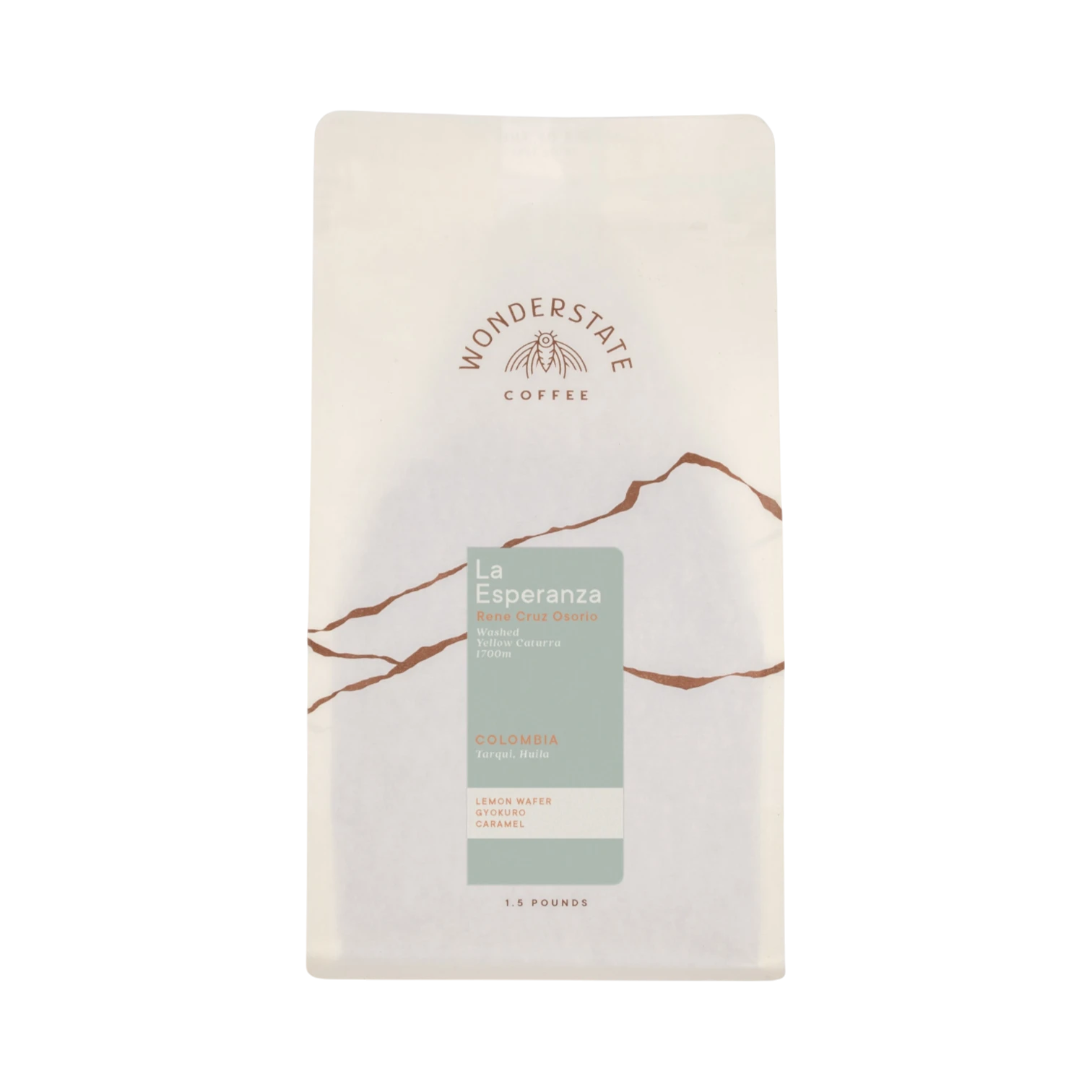The Pull & Pour Shop Wonderstate Coffee Colombia La Esperanza single-origin coffee bag with light green label.