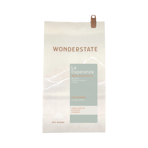 The Pull & Pour Shop Wonderstate Coffee Colombia La Esperanza single-origin coffee bag with light green label