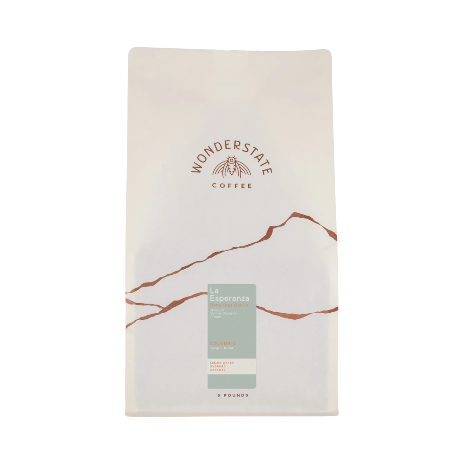 The Pull & Pour Shop Wonderstate Coffee Colombia La Esperanza 5lb bag with white packaging and mountain graphic