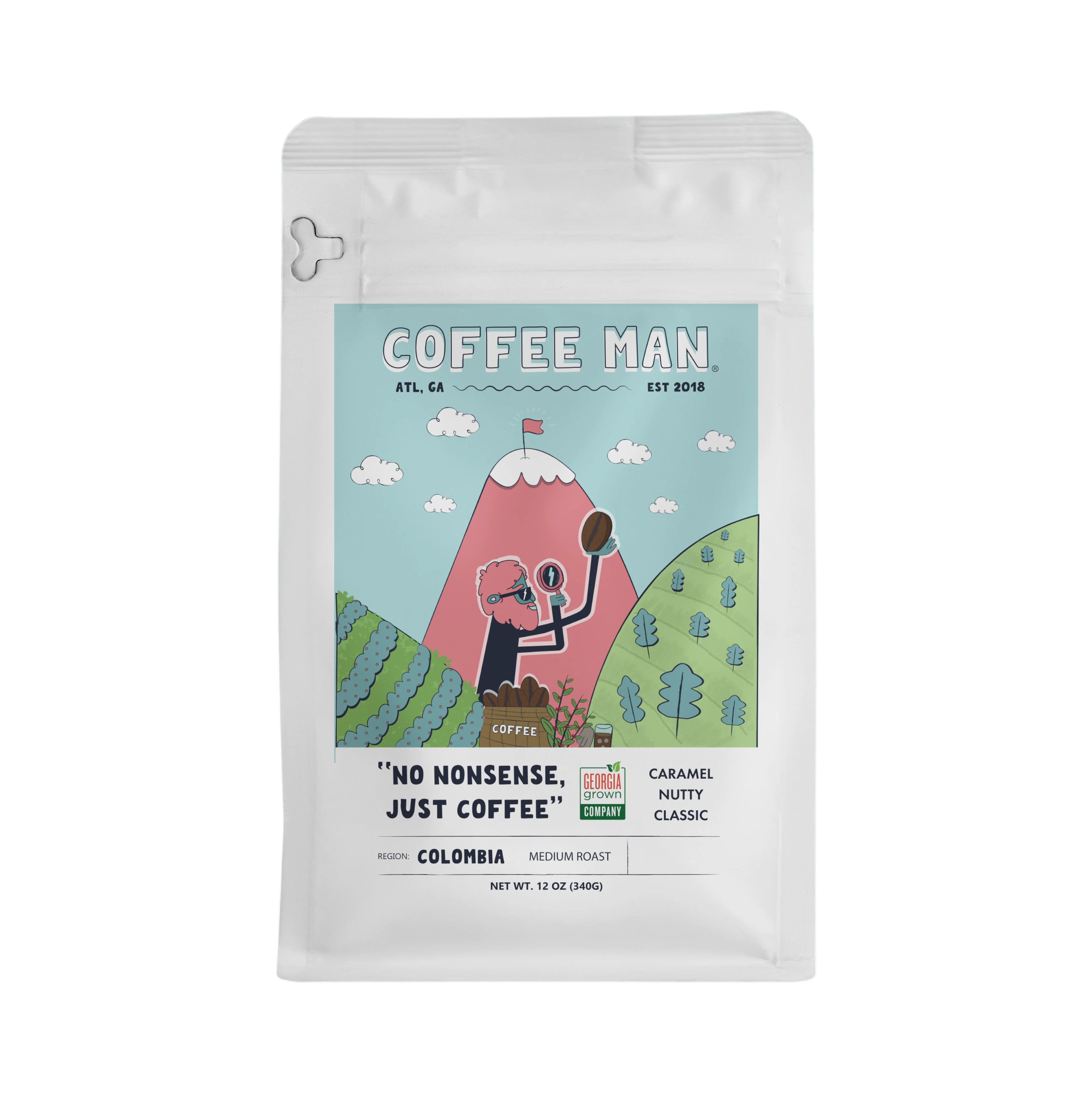The Pull & Pour Shop No Nonsense Colombia medium roast coffee bag with illustrated mountain and coffee bean design.