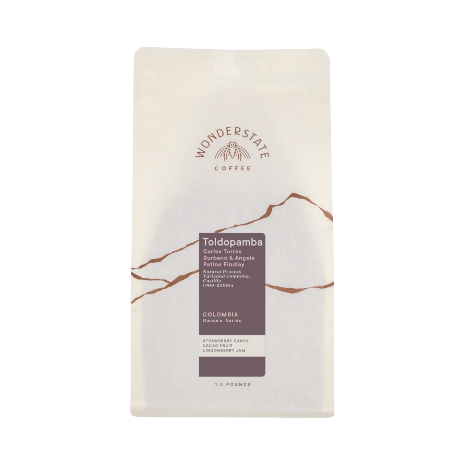 The Pull & Pour Shop Colombia Toldopamba coffee bag with white packaging and dark purple label details.