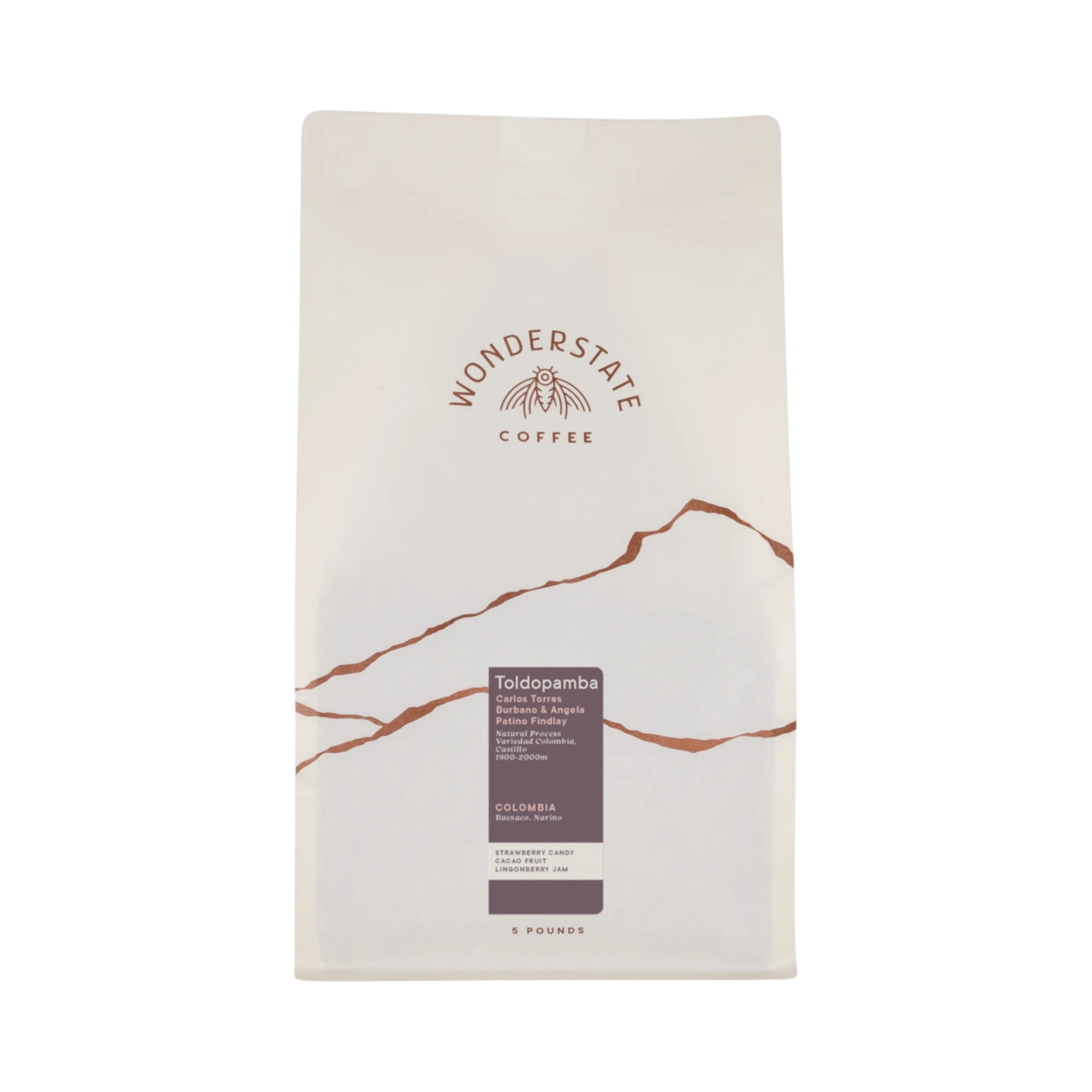 The Pull & Pour Shop Colombia Toldopamba 5-pound coffee bag with minimalist white packaging and mountain graphic.