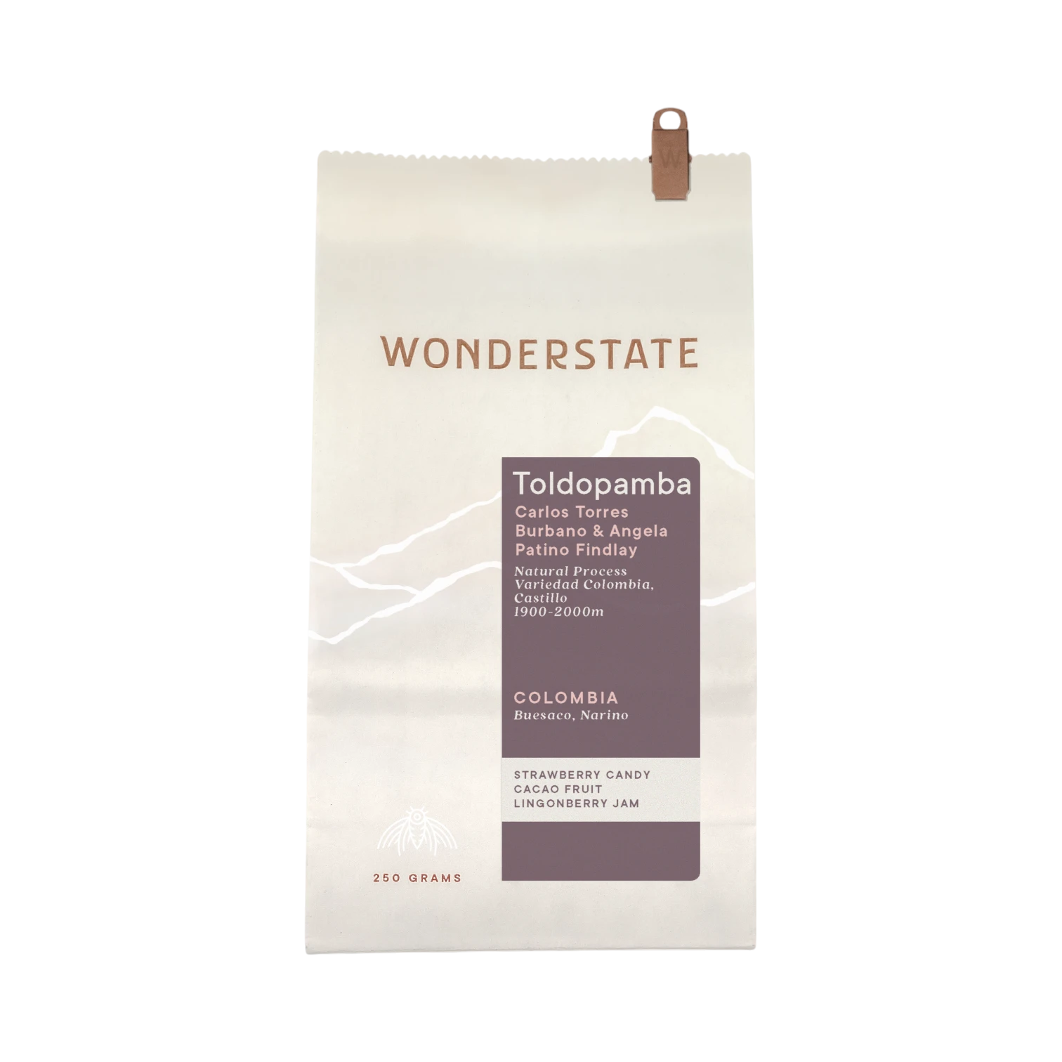 The Pull & Pour Shop Colombia Toldopamba coffee bag with white and purple label detailing natural process notes.